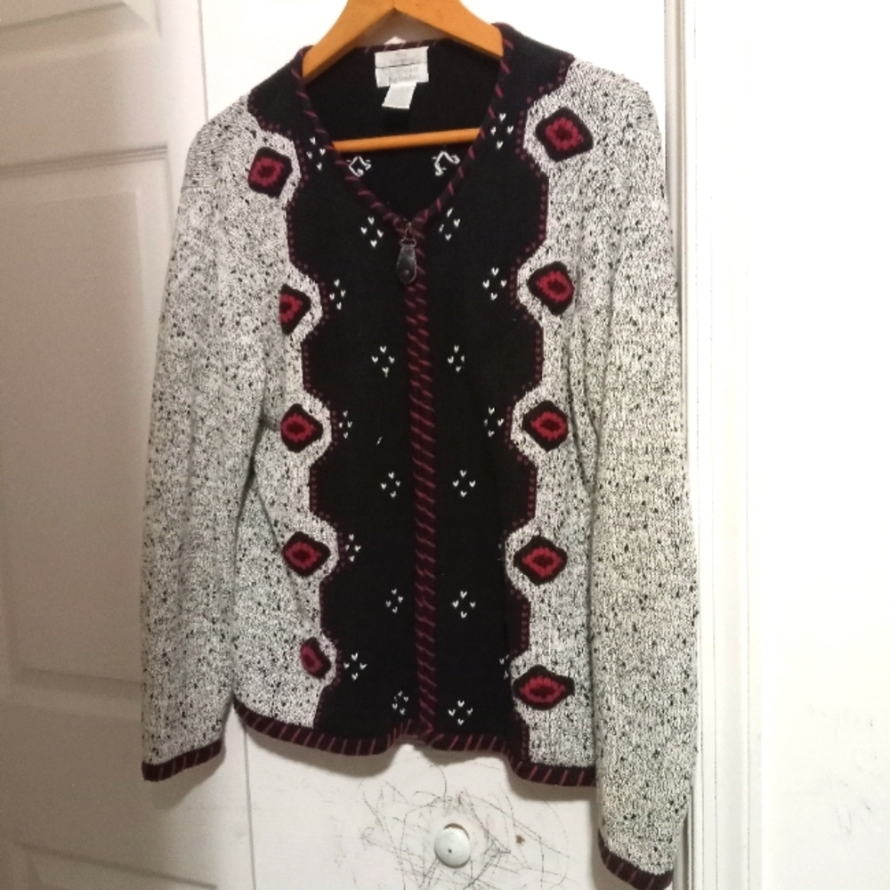 Vtg Hand Embroidered Zip Swsater